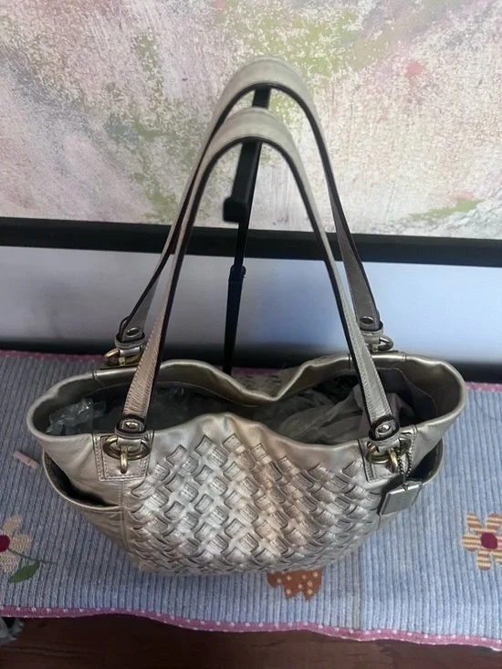 COACH North South Woven Metallic Gold Leather Shoulder Bag - Picture 5 of 13